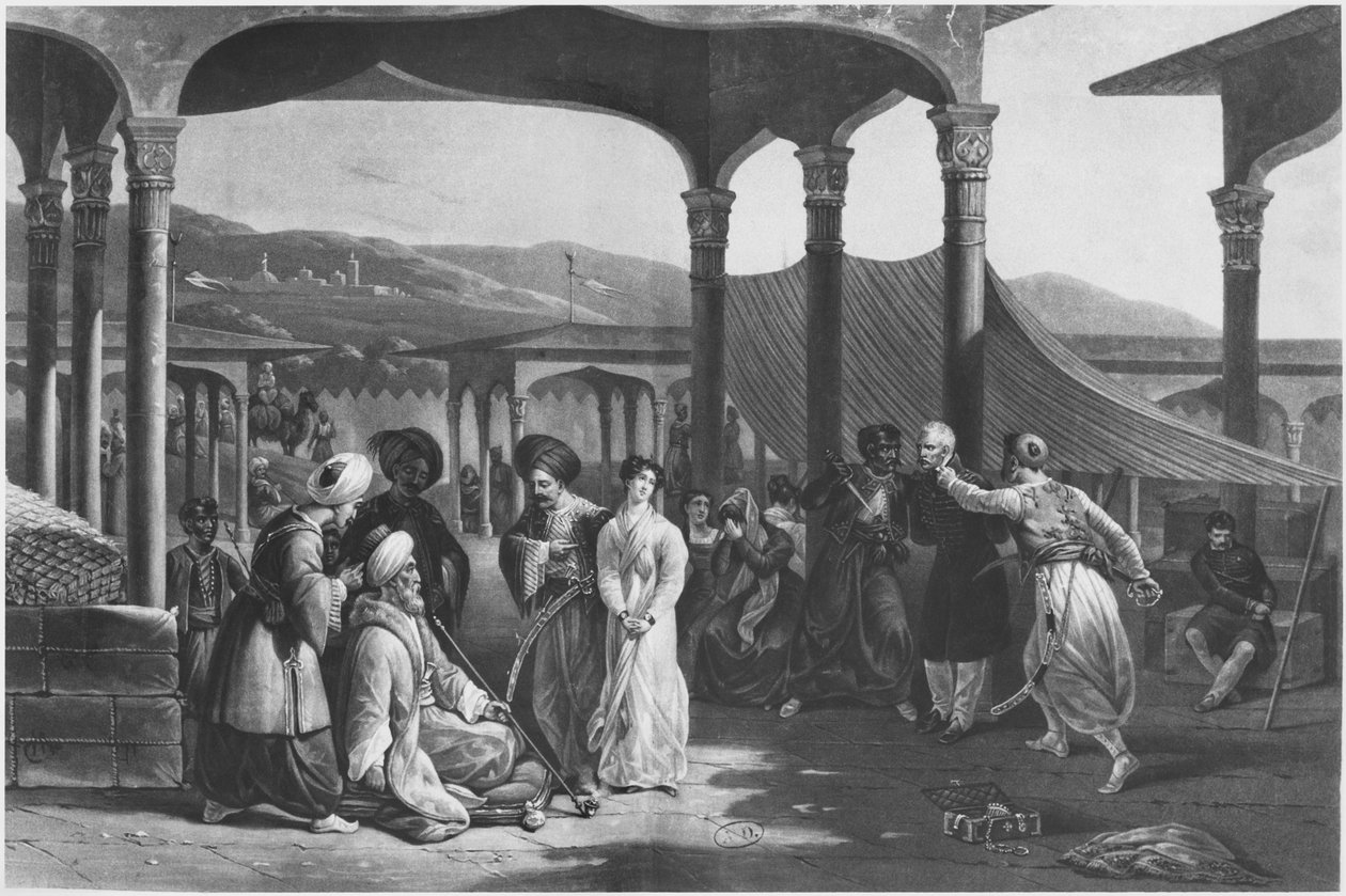 بازار العبيد ، الجزائر العاصمة ، الجزائر ، حوالي عام 1820 (ليثو) (صورة بالأبيض والأسود) بواسطة المدرسة الفرنسية