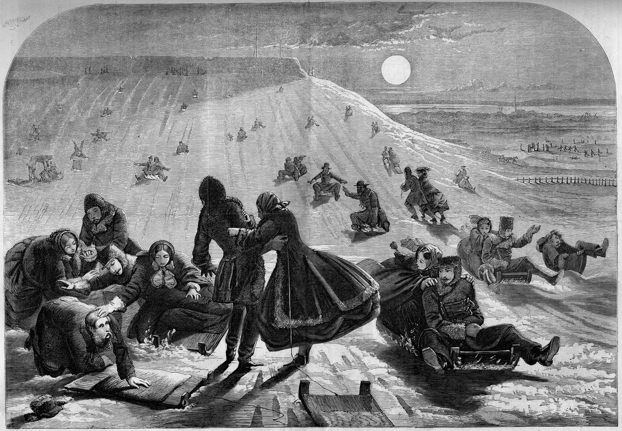مزلقة في مونتريال ، كندا ، شتاء 1859. نقش في "" Le Monde Illustré "رقم 98 بتاريخ 26 فبراير 1859. بواسطة المدرسة الفرنسية