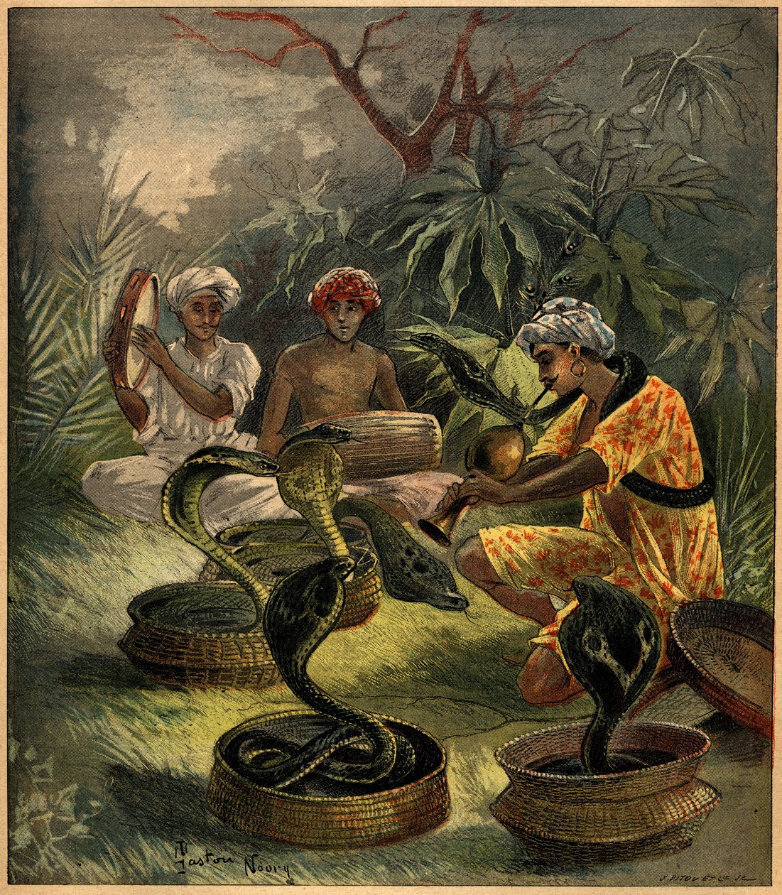 سحرة الثعابين (الكوبرا) في الهند. نقش في "La Terre Illustree" رقم 94 بتاريخ 18 أغسطس 1892. بواسطة المدرسة الفرنسية