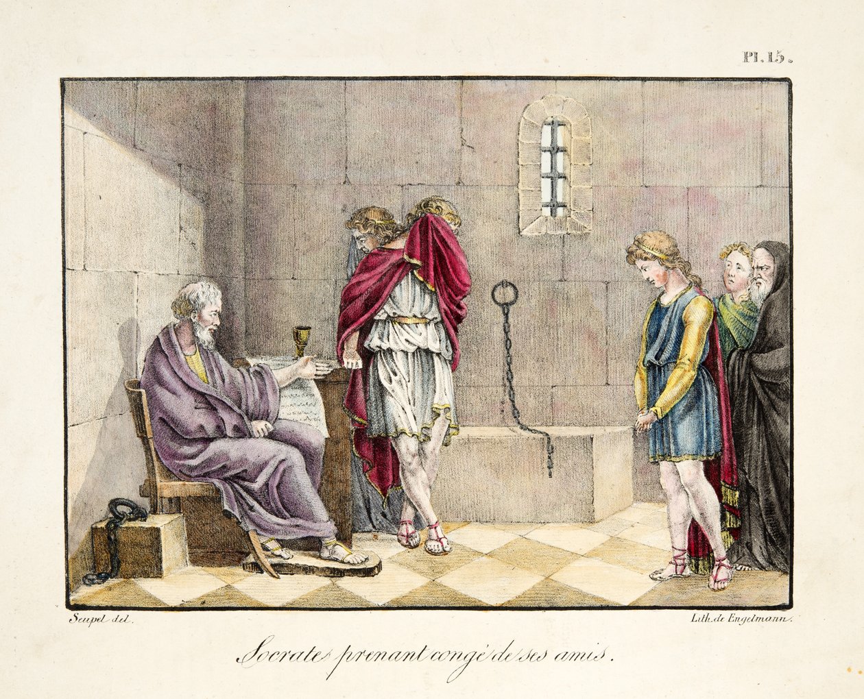 سقراط يأخذ إجازة من أصدقائه ، حانة. بواسطة Engelmann ، حوالي 1835 (نقش ملون يدويًا)) بواسطة المدرسة الفرنسية