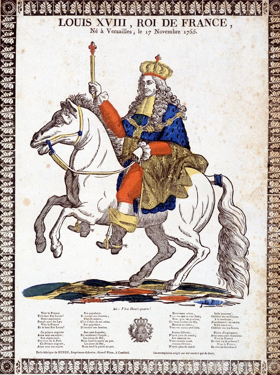 Song in honor of the king of France Louis XVIII, illustrated by an equestrian portrait of the king (engraving) بواسطة المدرسة الفرنسية