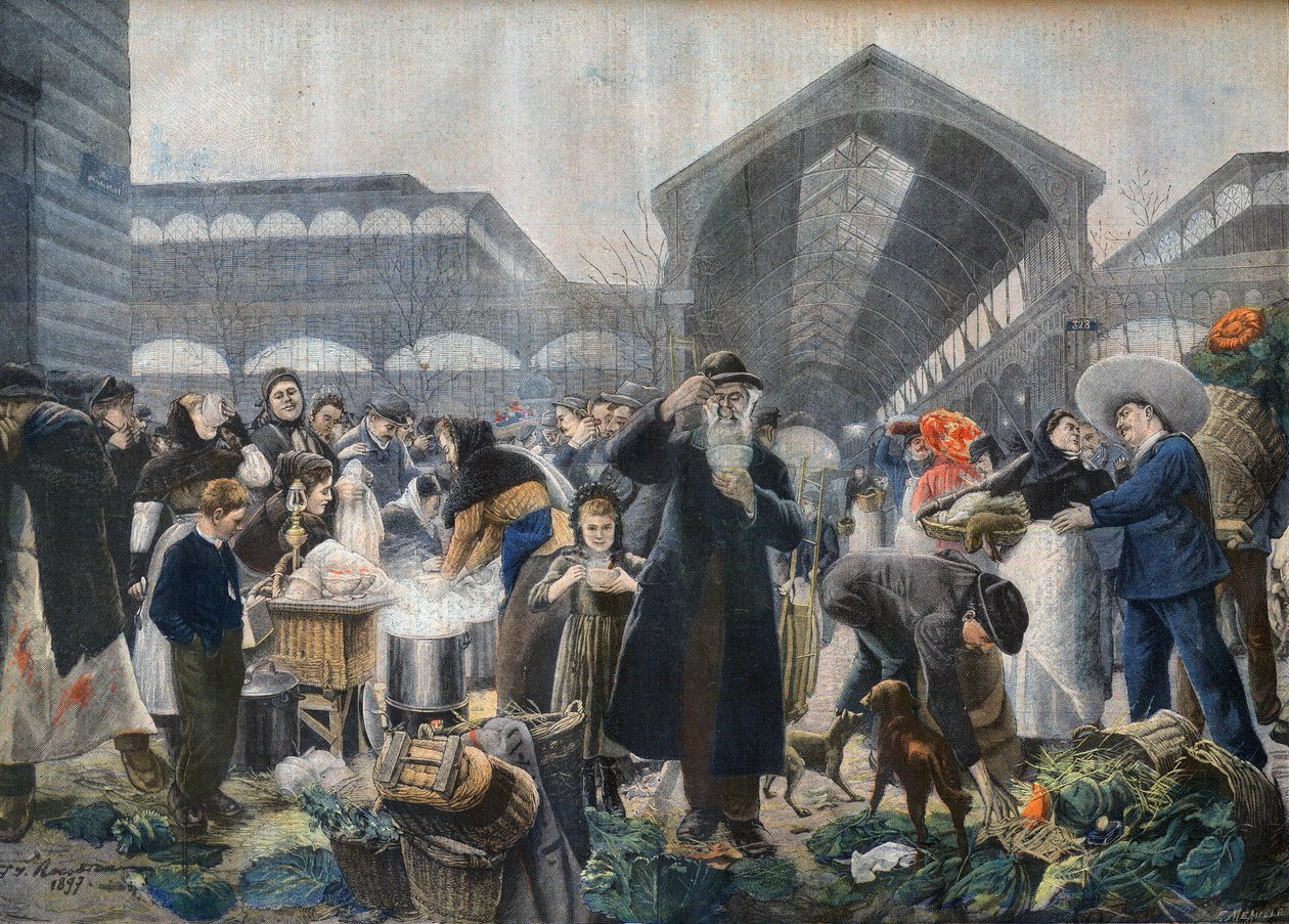 موقف حساء في سوق Les Halles في الصباح ، رسم توضيحي من Le petit Journal ، 2 مارس 1897 - la soup aux Halles le matin في باريس - نقش من قبل Fortune-Louis Meaulle على اسم Jean Jacques Rousseau (1861-1911) بواسطة المدرسة الفرنسية