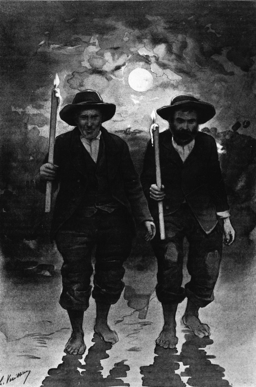 Source and sick: two men, one night full moon, each holding a candle and walking barefoot (procession?) - in “Journal des voyages” بواسطة المدرسة الفرنسية