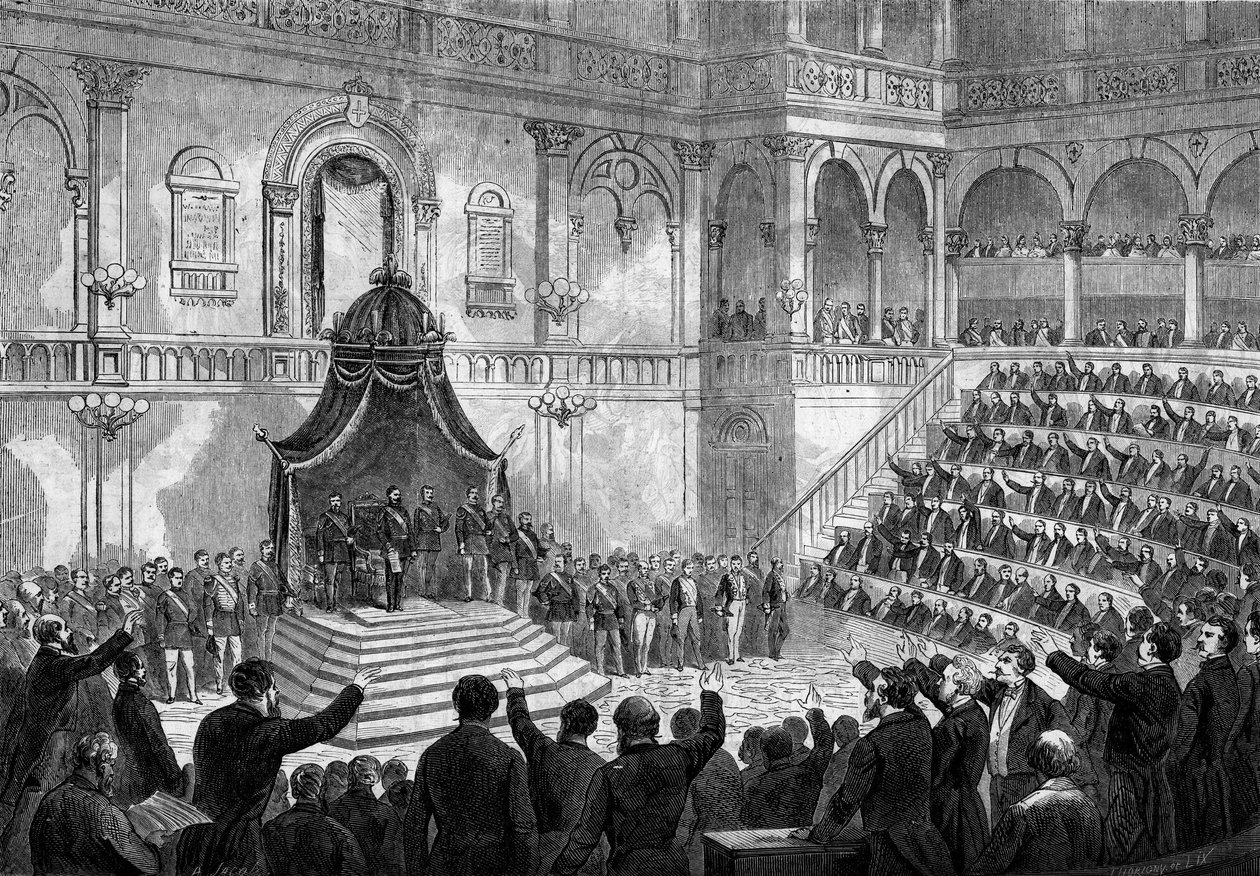 خطاب ملك إيطاليا فيكتور عمانويل الثاني (فيتوريو إيمانويل) (فيكتور إيمانويل) (1820-1878) في افتتاح جلسة الدول الإيطالية في برلمان تورين بواسطة المدرسة الفرنسية
