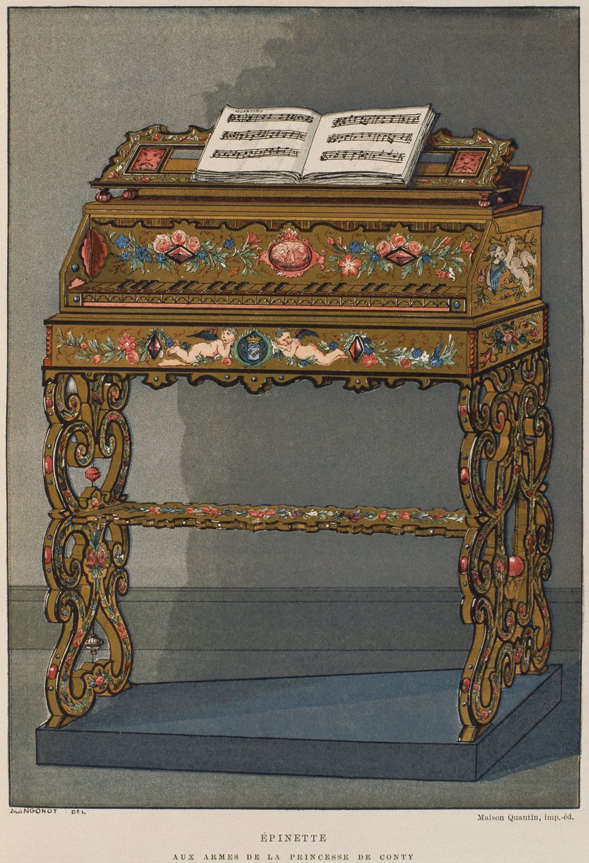 Spinet مع شعار النبالة لأميرة Conti ، توضيح من Dictionnaire de lameublement et de la decoration by Henry Havard ، المجلد 2 ، اللوحة 26 ، Paris ، Maison Quantin ، 1878 (لون ليثو بواسطة المدرسة الفرنسية