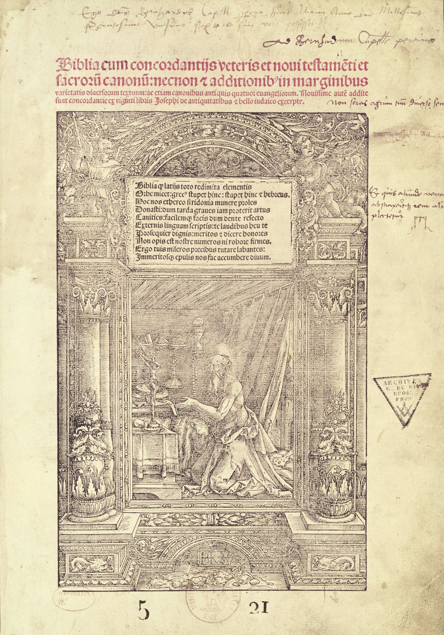 سانت جيروم في كتابه ستوديولو ، صفحة عنوان الكتاب المقدس ، طبعه ج. ماريون ، ليون ، 1521 بواسطة المدرسة الفرنسية