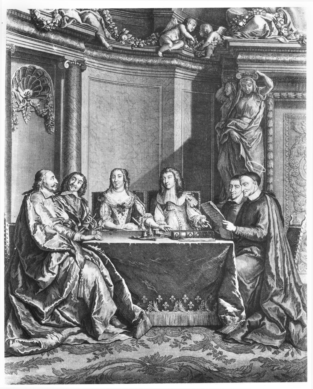 سانت فنسنت دي بول (1581-1660) والكاردينال جول مازارين (1602-161) في مجلس ضمير لويس الرابع عشر (1638-1715) منقوش من قبل جيرارد سكوتين (1643-1715) ج .1660 بواسطة المدرسة الفرنسية