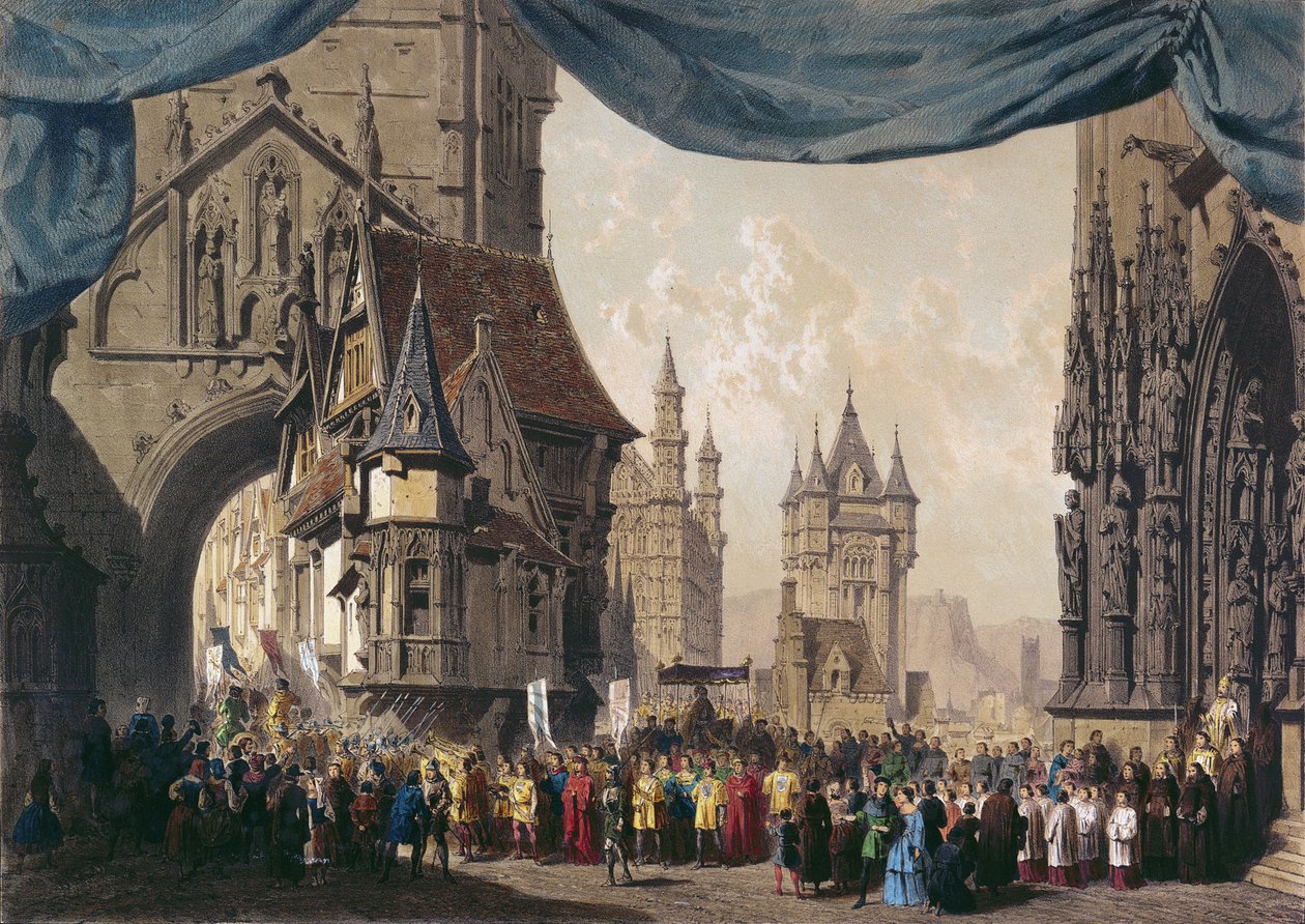 تصميم المرحلة للقانون الأول من La Juive ، الذي تم لأول مرة في أوبرا باريس في 23 فبراير 1835 (مرحاض على ورق) بواسطة المدرسة الفرنسية