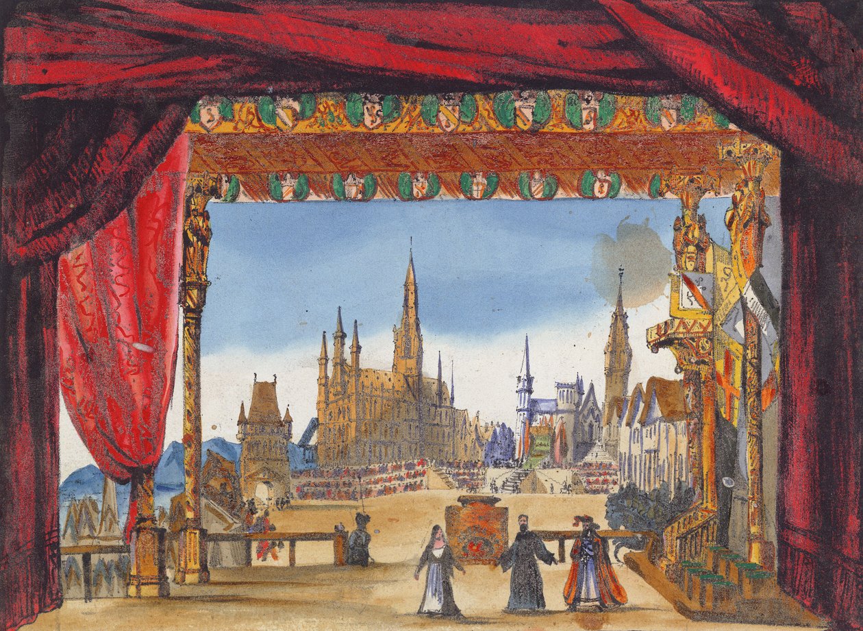 تصميم المرحلة لـ Act V of La Juive ، تم إجراؤه لأول مرة في أوبرا باريس في 23 فبراير 1835 (مرحاض على ورق) بواسطة المدرسة الفرنسية