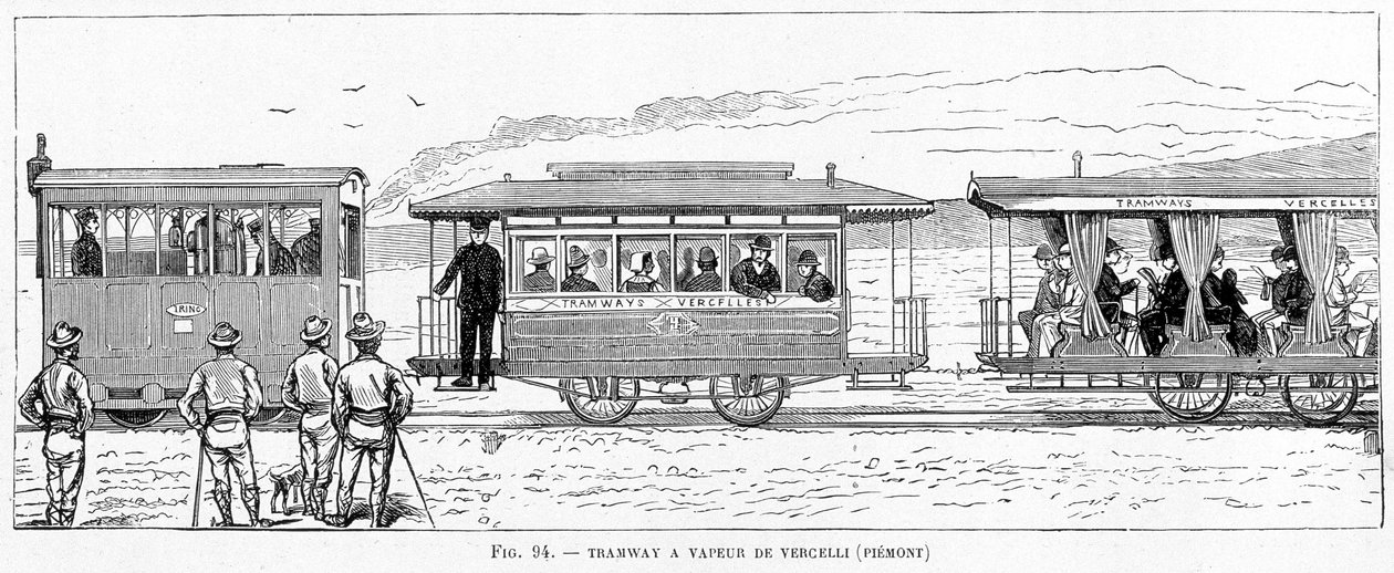 Steam tram of Vercelli (Piedmont) - in “” The new conquests of science”” by Louis Figuier بواسطة المدرسة الفرنسية