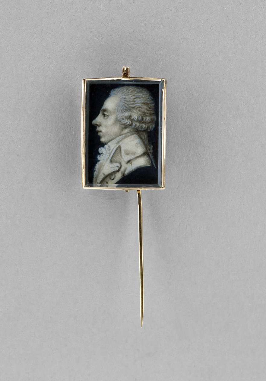 Stickpin with Portrait of a Man, c.1780 (watercolor on ivory, gesso, vellum, 23k gold, hair & glass) بواسطة المدرسة الفرنسية