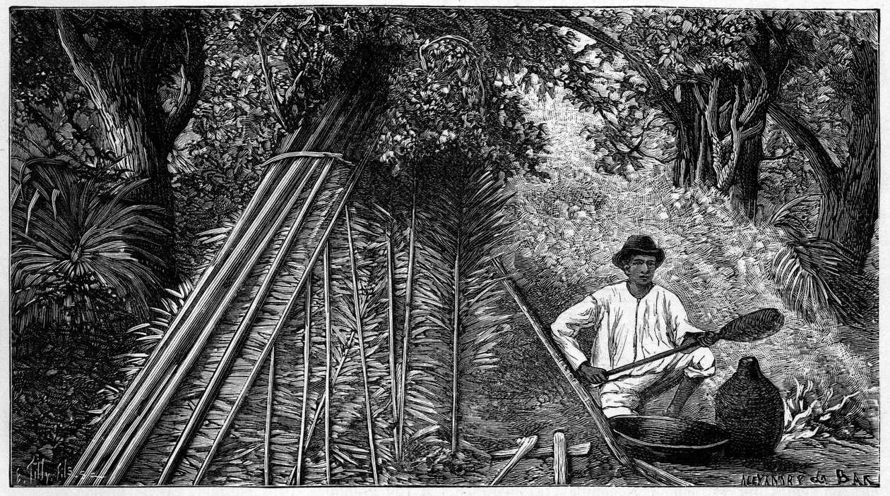 Syringuero تعمل في تدخين اللاتكس لتشكيل المطاط. 1898 النقش. بواسطة المدرسة الفرنسية
