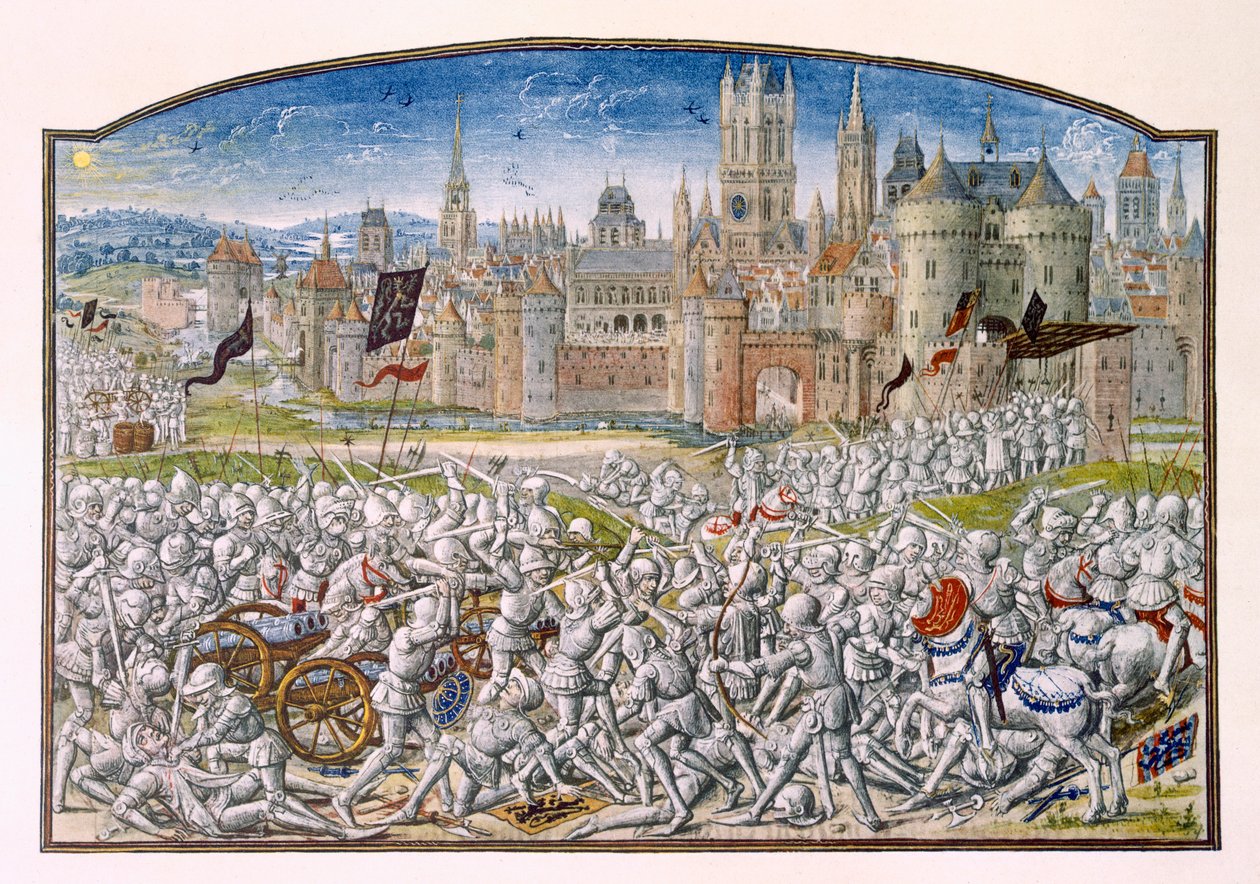 T.2 fol.287 انتصار سكان غينت بقيادة فيليب فان أرتفيلدي قبل بروج عام 1381 ، من Froissarts Chronicle ، 1472 بواسطة المدرسة الفرنسية