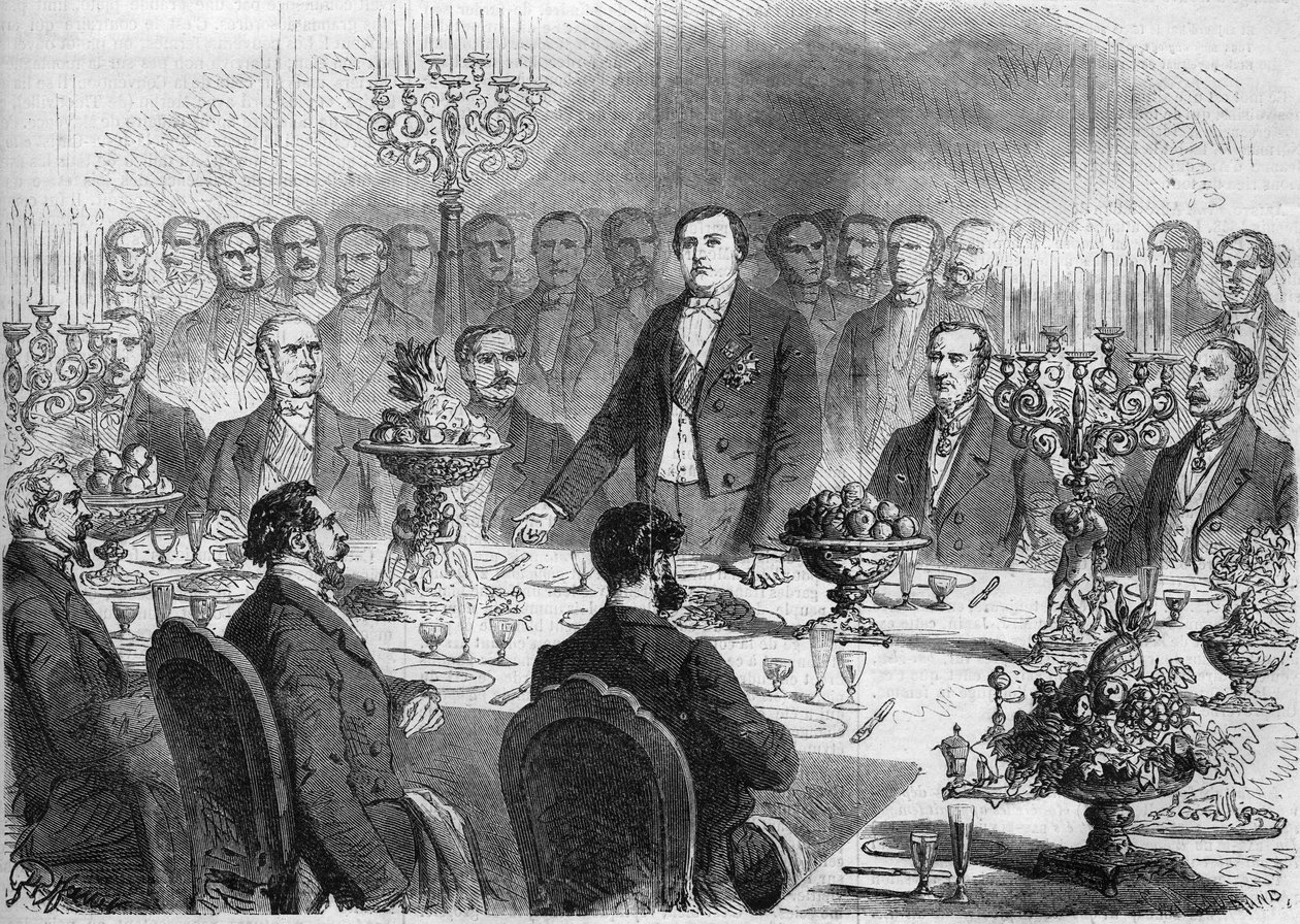 مائدة الشرف في المأدبة التي قدمها مساهمو قناة السويس إلى M. de Lesseps ، في 11 فبراير 1864 ، في Palais de l'Industrie في باريس. حاضرون ، من اليسار إلى اليمين: السناتور أندريه ماري جان جاك (جان جاك) دوبين (1783-1865) (دوبين بواسطة المدرسة الفرنسية