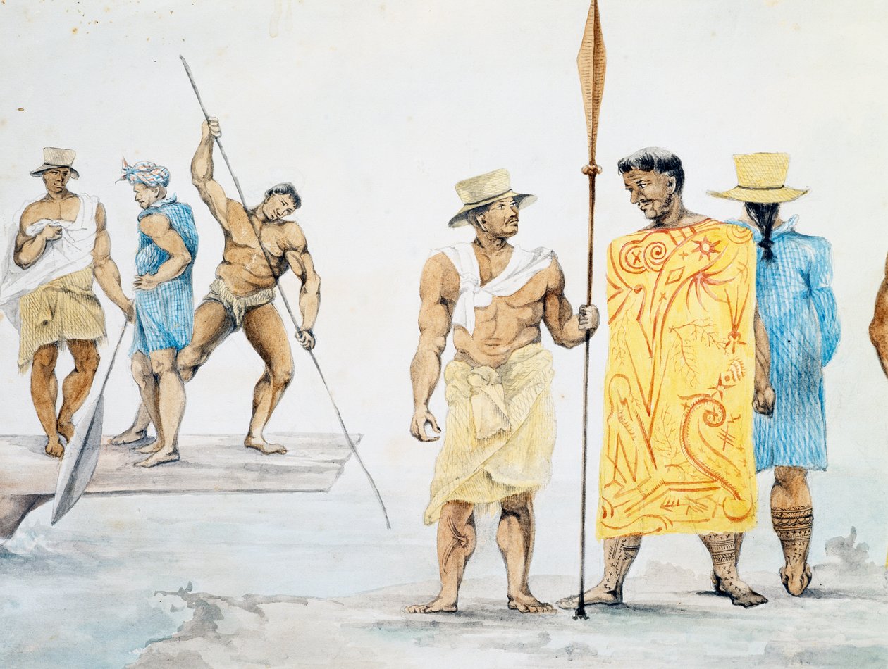 زعماء تاهيتيون يصعدون إلى Coquille ، من تصميم Jules-Louis Lejeune ، استنادًا إلى Voyage حول العالم بواسطة المدرسة الفرنسية