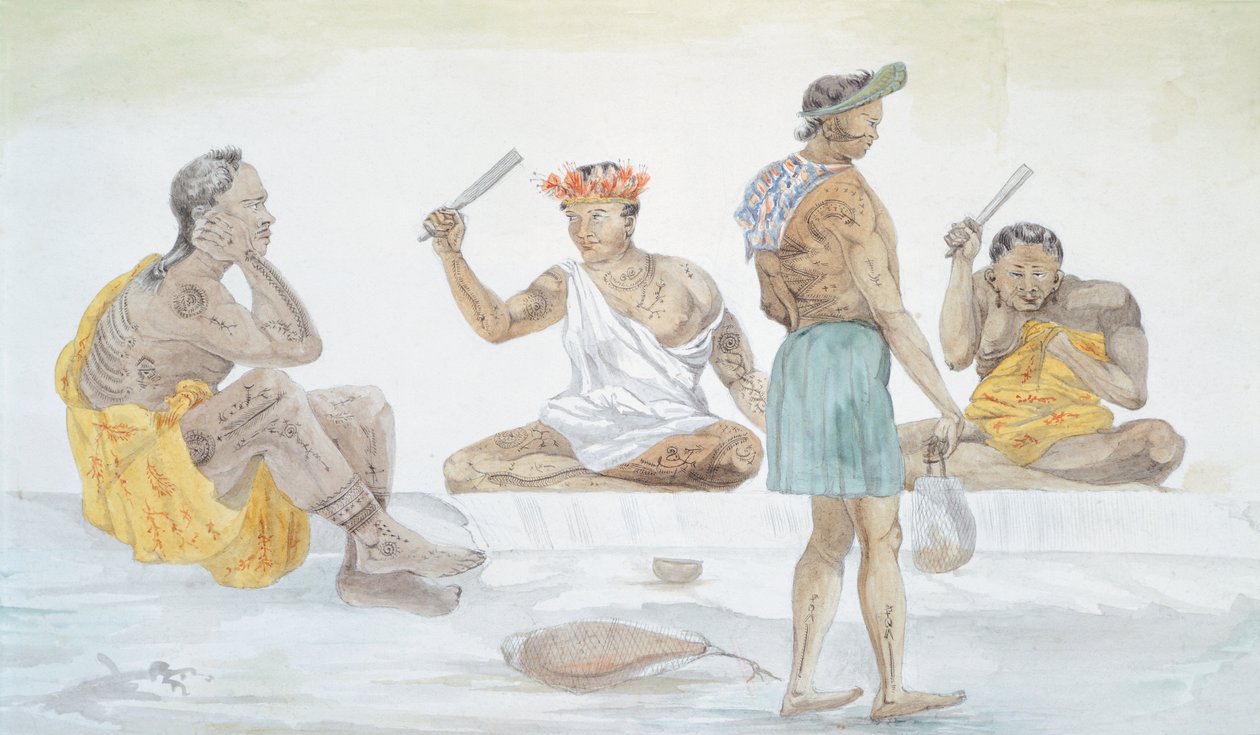 مضارب قماش تاهيتي ، بواسطة LF Lejeune من رحلة Louis I Duperrey (1822-1825) ، بولينيزيا القرن التاسع عشر ألوان مائية بواسطة المدرسة الفرنسية