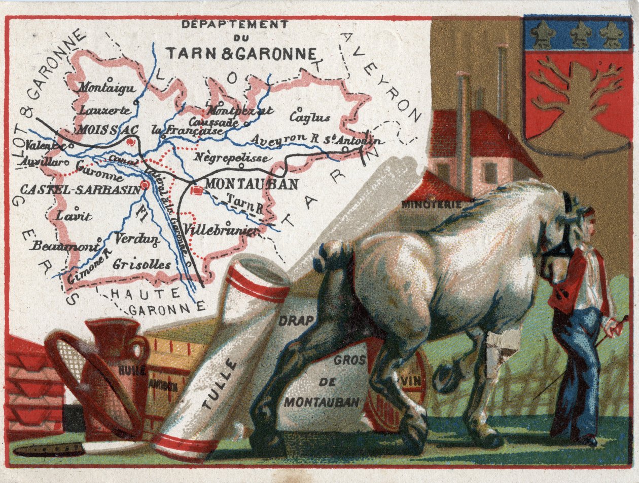 Tarn et Garonne (Tarn-et-Garonne ، 82) ، ميدي بيرينيه (ميدي بيرينيه) ، فرنسا. التخصص المحلي: زيت - نشا - تول - بالجملة - مطحنة نبيذ ودقيق. سلسلة عن الأقسام الفرنسية. الطباعة الحجرية الملونة (Chromo) "" الخيط الجغرافي "" cir بواسطة المدرسة الفرنسية