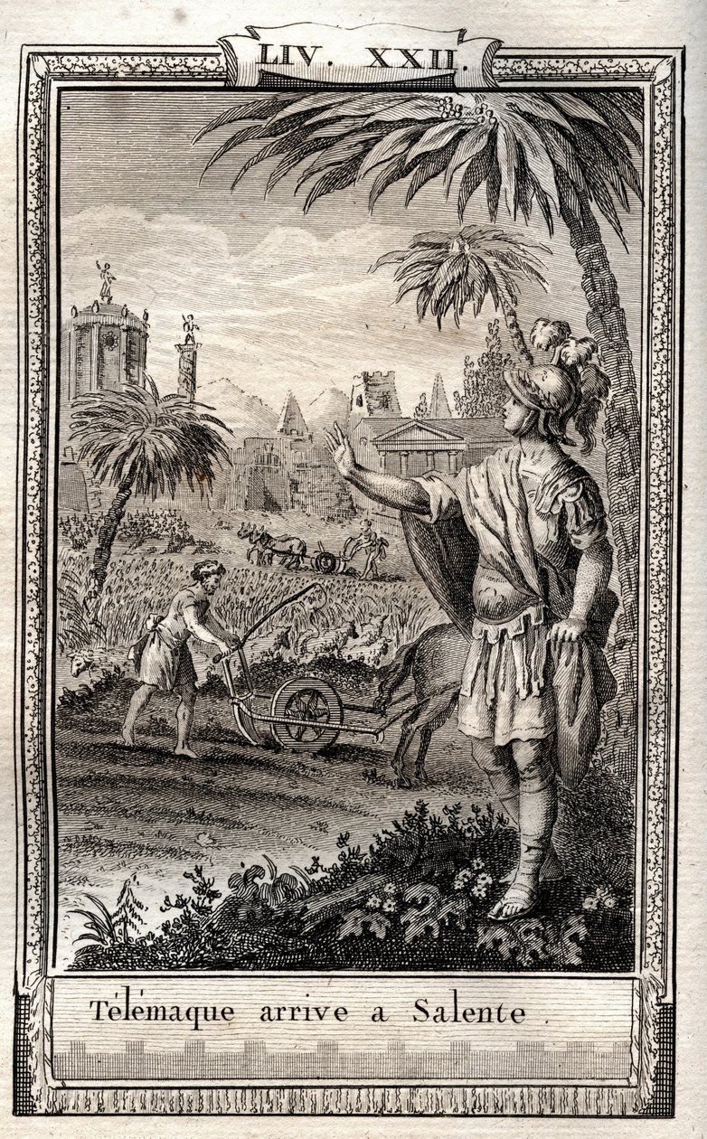 يعود Teemaque إلى Salente (Salento) - نقش عام 1798 بواسطة Monnet في "Les Aventures de Telemaque، fils d'Ulysse" (مغامرات Telemachus) بقلم Francois de Salignac de La Mothe-Fenelon dit Fenelon - بواسطة المدرسة الفرنسية