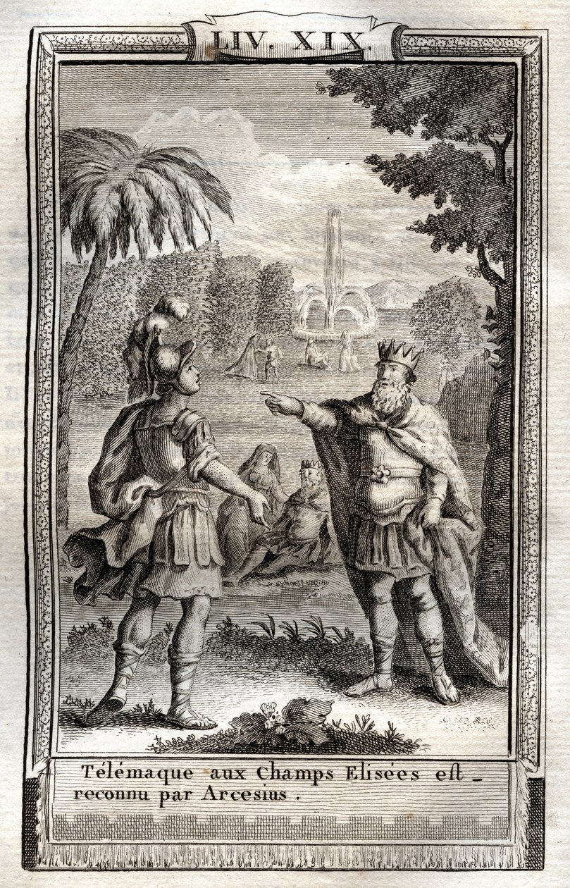 تم التعرف على Telemaque في Champs Elisees من قبل Arcesius - نقش عام 1798 بعد Monnet في "Les Aventures de Telemaque، fils d'Ulysse" (مغامرات Telemachus) بقلم Francois de Salignac de La Mothe-Fenelon dit Fenelon - بواسطة المدرسة الفرنسية