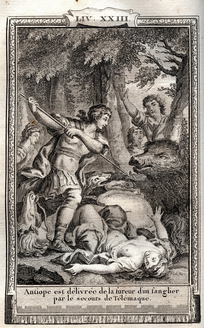 Telemaque delivre Antiope لخنزير بري - نقش عام 1798 بواسطة Monnet في "Les Aventures de Telemaque، fils d'Ulysse" (مغامرات Telemachus) بقلم Francois de Salignac de La Mothe-Fenelon dit Fenelon - بواسطة المدرسة الفرنسية