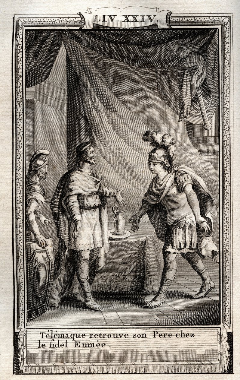 عثر Telemaque على Ulisse - نقش من عام 1798 بواسطة Monnet في "Les Aventures de Telemaque، fils d