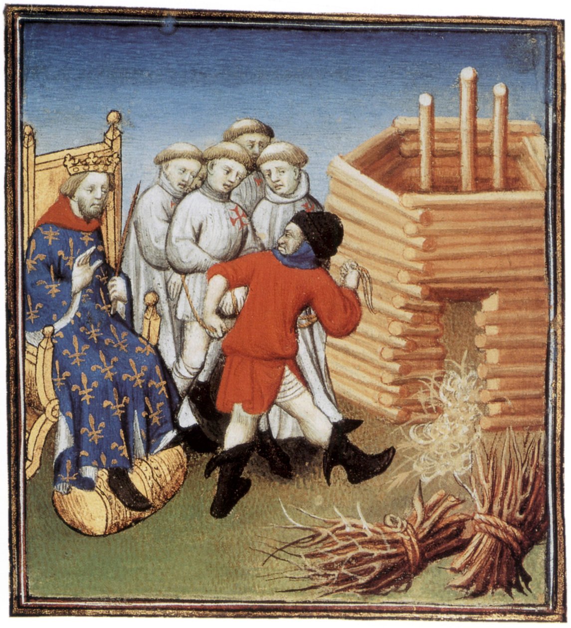 سيتم إعدام فرسان الهيكل تحت أنظار الملك الفرنسي فيليب الرابع لو بيل عام 1310 ، الإضاءة بواسطة المدرسة الفرنسية