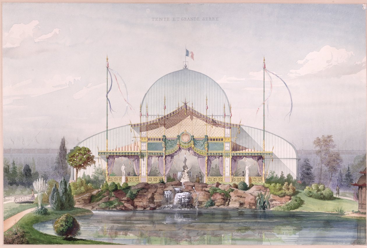 خيمة وبيت زجاج كبير في حديقة المعرض العالمي في باريس عام 1867 (ألوان مائية على ورق) بواسطة المدرسة الفرنسية
