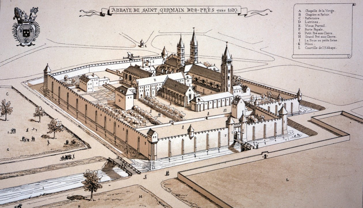 دير سان جيرمان دي بري حوالي 1520 (نقش ملون) بواسطة المدرسة الفرنسية