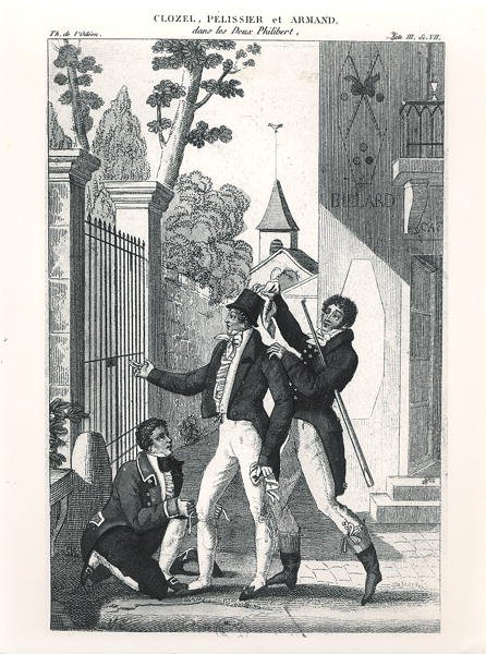 الممثل كلوزل كأنيق ، من الكوميديا "Les Deux Philibert" للمخرج لويس بينوا بيكار (1769-1828) ، ج. 1818 (نقش) (صورة بالأبيض والأسود) بواسطة المدرسة الفرنسية
