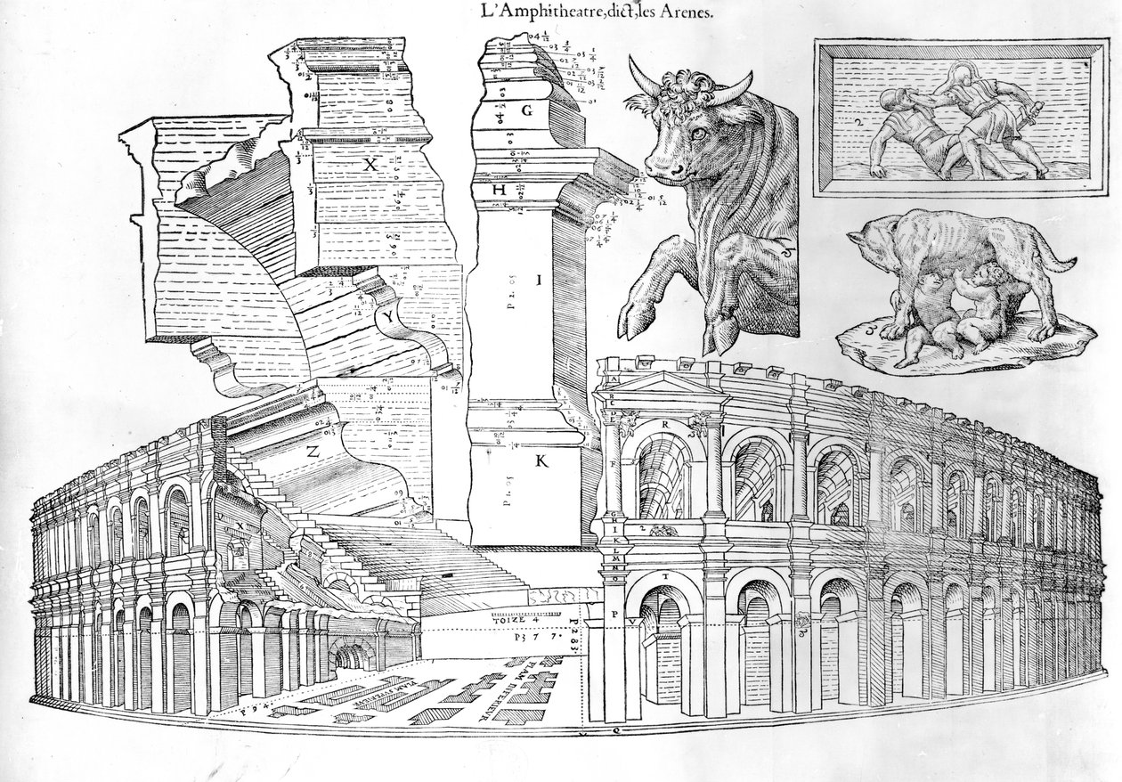 ساحة نيم ، التوضيح من Discours Historical de lantique et Illustriite cite de Nismes بواسطة Jean Poldo dAlbenas ، نُشر عام 1560 بواسطة المدرسة الفرنسية