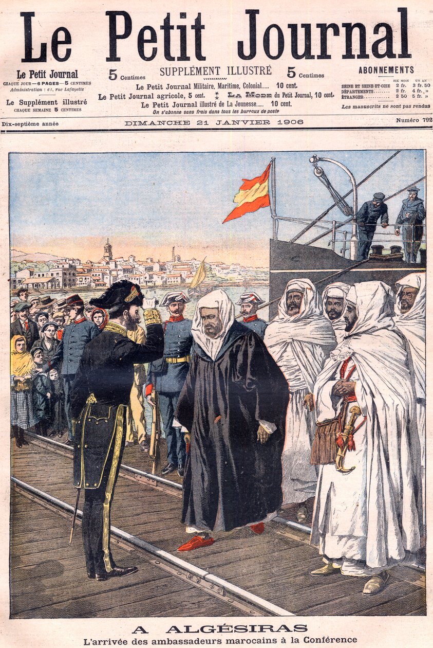 وصول السفراء المغاربة ، بمن فيهم سيدي محمد توريس ، إلى مؤتمر الجزيرة الخضراء ، من Le Petit Journal ، يناير 1906 - عقد المؤتمر الدولي للقوى الأوروبية والولايات المتحدة لمناقشة علاقة فرنسا بالمغرب. بواسطة المدرسة الفرنسية