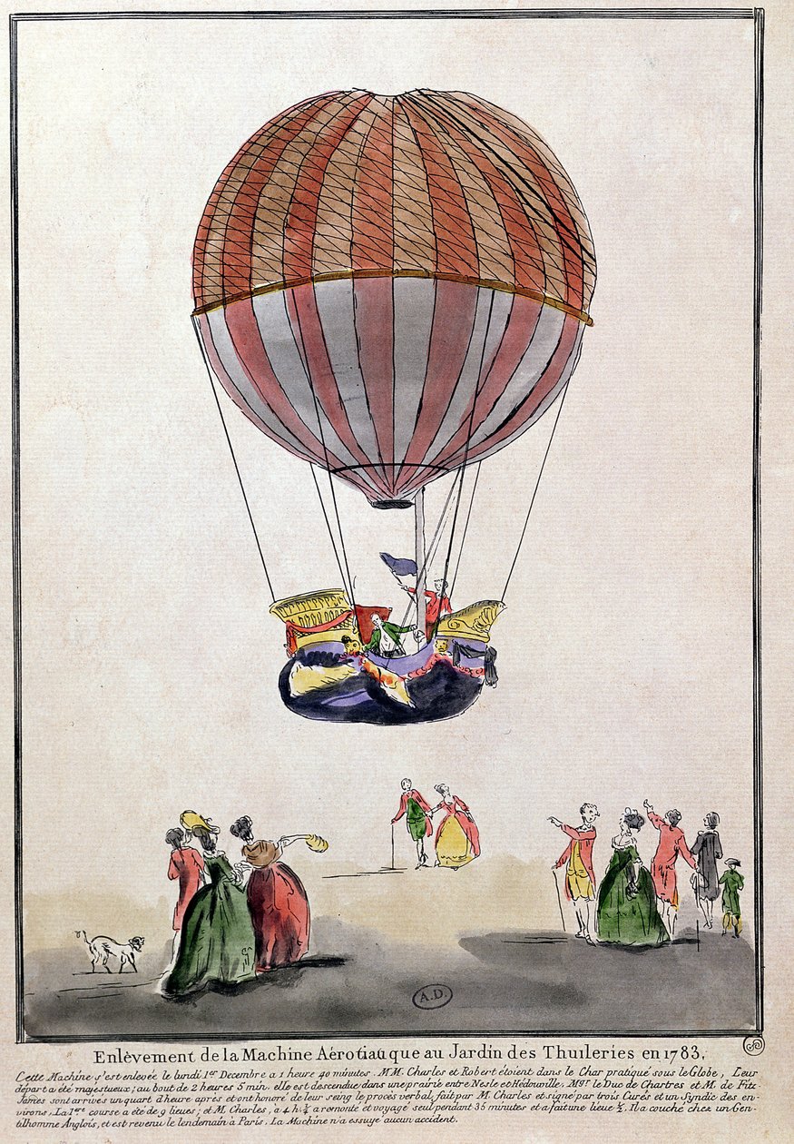 صعود ايروستات في حديقة التويلري ، 1 ديسمبر 1783 (قلم وحبر ومرحاض على ورق) بواسطة المدرسة الفرنسية