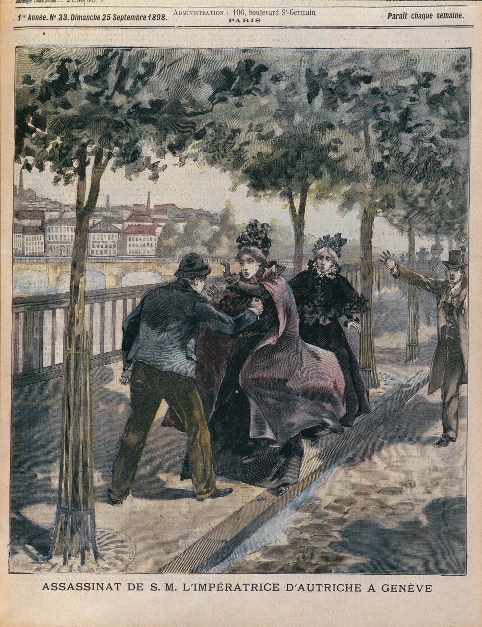 اغتيال إليزابيث (1837-1898) إمبراطورة النمسا في جنيف ، الغلاف الأمامي لـ LAnnee Illustree ، 25 سبتمبر 1898 (نقش الألوان) بواسطة المدرسة الفرنسية