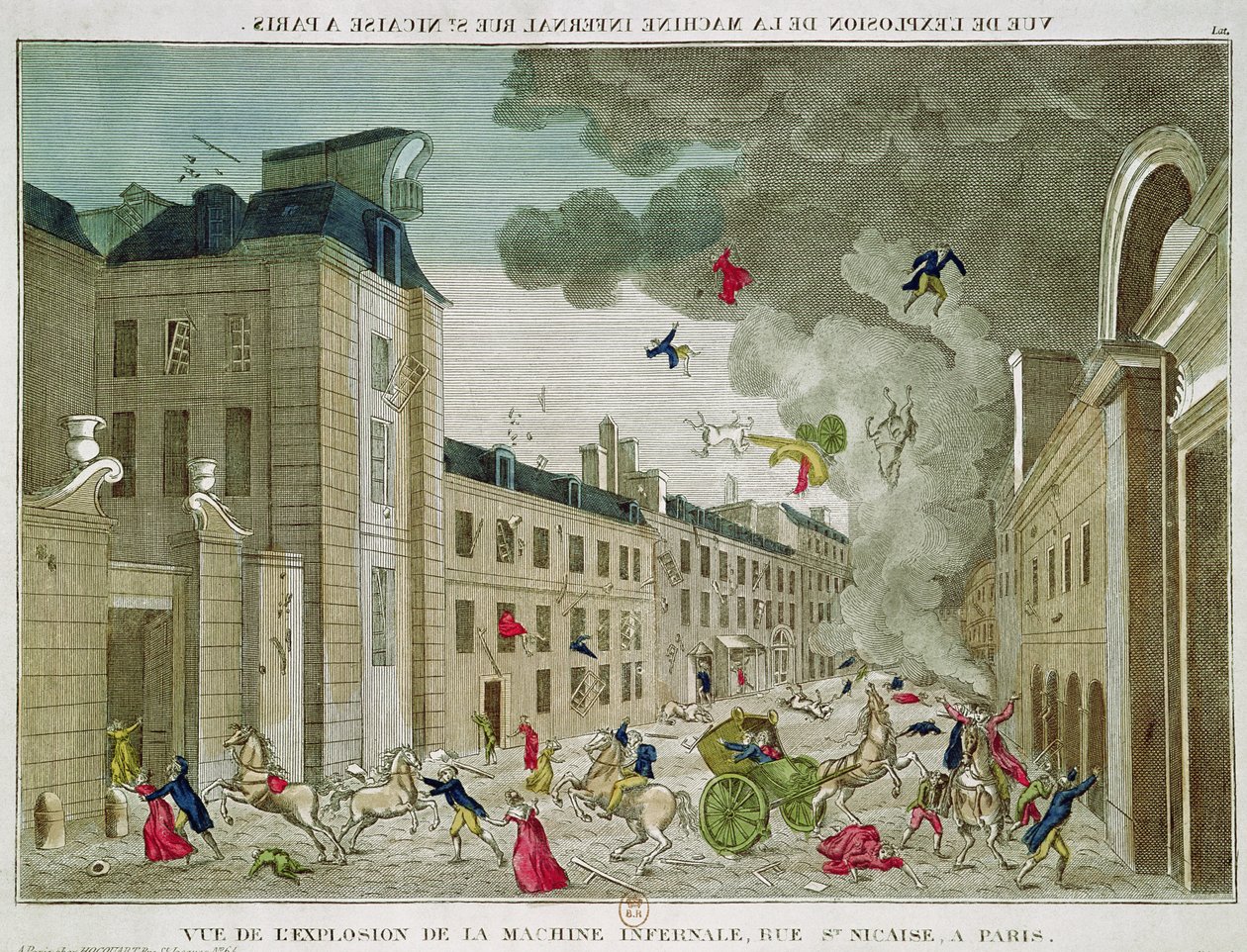 اغتيال نابليون بونابرت (1769-1821) في شارع سانت نيكيز ، باريس ، 24 ديسمبر 1800 (نقش ملون) بواسطة المدرسة الفرنسية