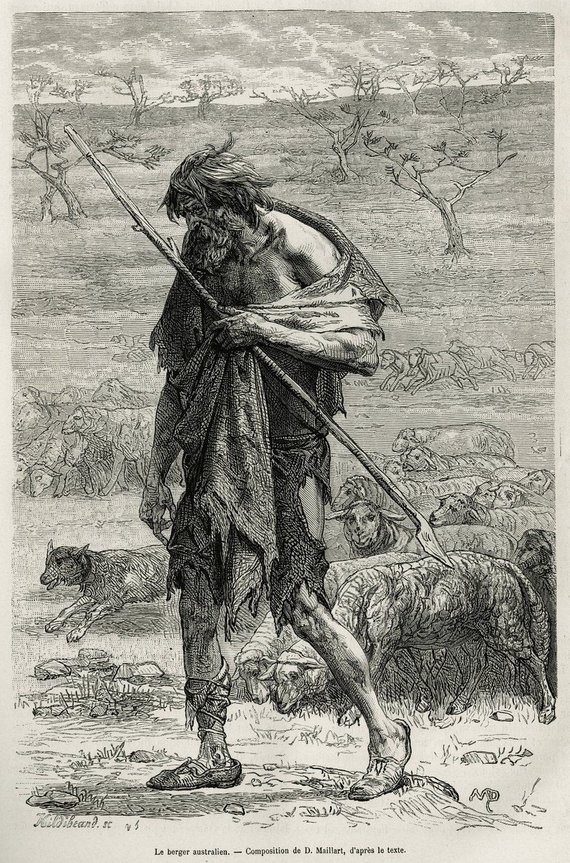 The Australian shepherd, engraved after a drawing by D.Maillart, to illustrate the story six months in Australia, by Desire Charnay, a mission assignment by the Ministry of Public Education, in 1878, published in the tour du monde, under the direction of E بواسطة المدرسة الفرنسية