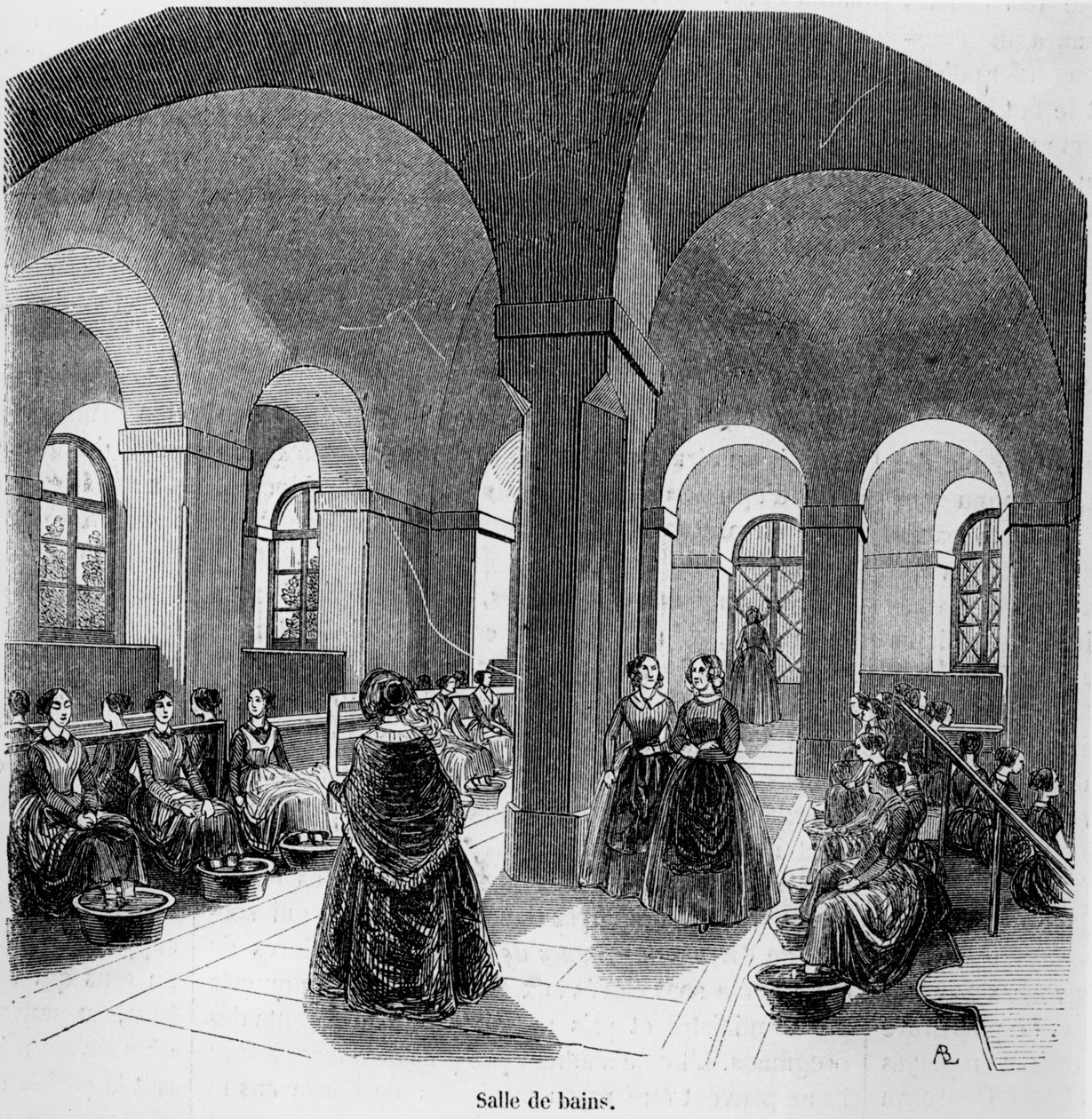 الحمام في معهد المكفوفين الشباب ، في Tableau de Paris بواسطة إدموند تكسييه ، نُشر عام 1852 بواسطة المدرسة الفرنسية