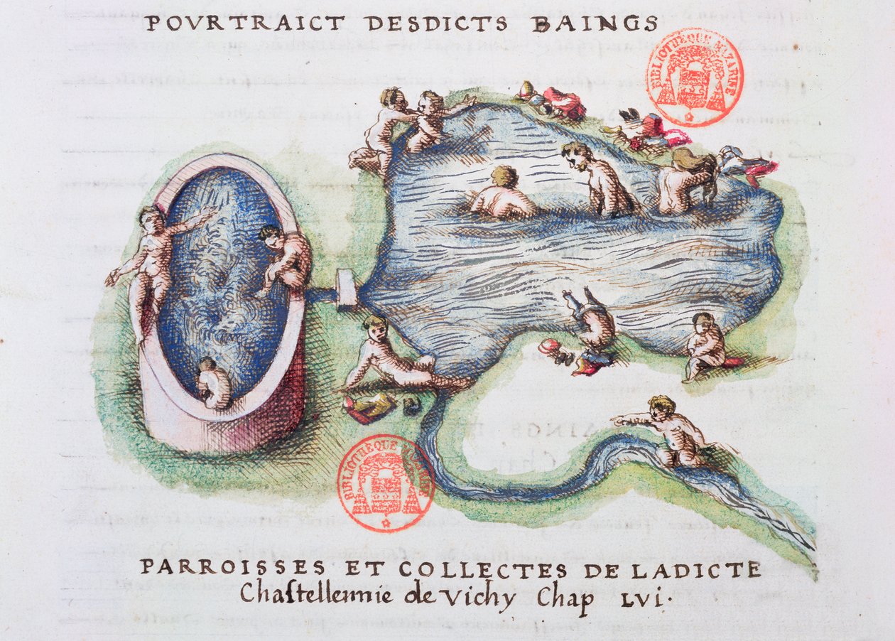 الحمامات في فيشي ، من Generale Description du Bourbonnais by Nicolas de Nicolay (1517-83) 1569 (مرحاض على ورق) بواسطة المدرسة الفرنسية