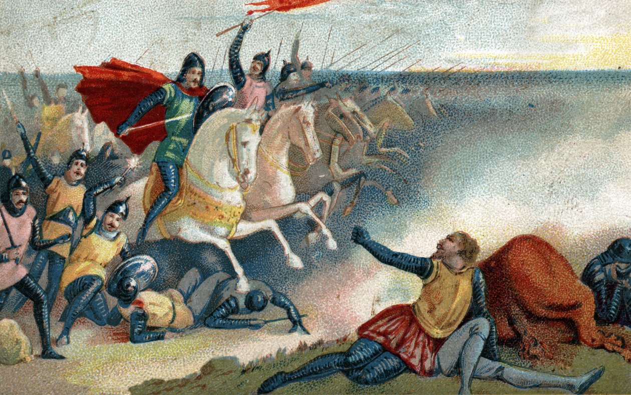 معركة هاستينغز في 14/10/1066 بين الساكسونيين في هارولد الثاني والجيش النورماندي (ويليام الأول الفاتح). الطباعة الحجرية الملونة في أواخر القرن التاسع عشر. بواسطة المدرسة الفرنسية