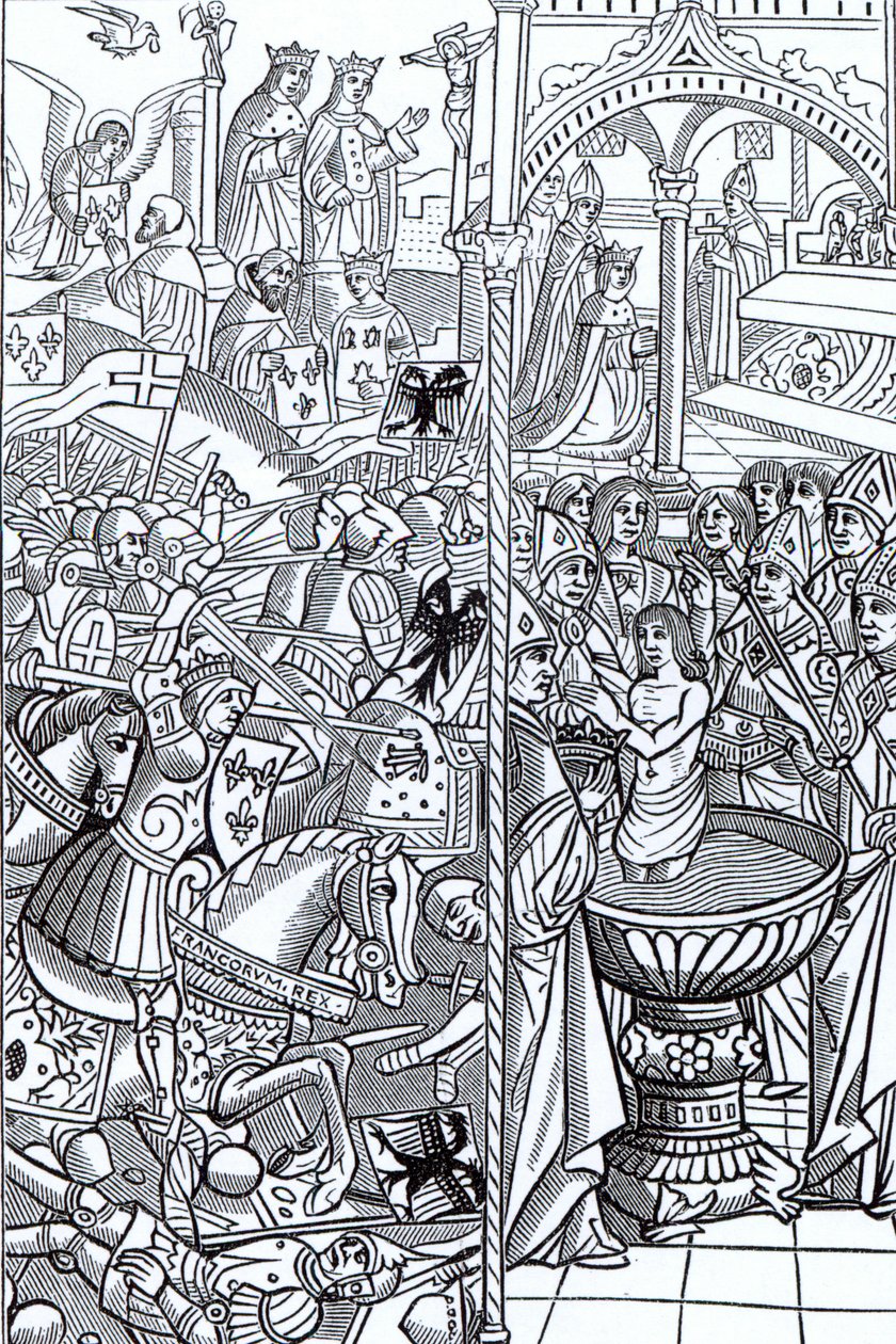 معركة تولبياك ومعمودية الملك كلوفيس ، من "Mirouer Historial de France" ، نُشر عام 1516 بواسطة المدرسة الفرنسية