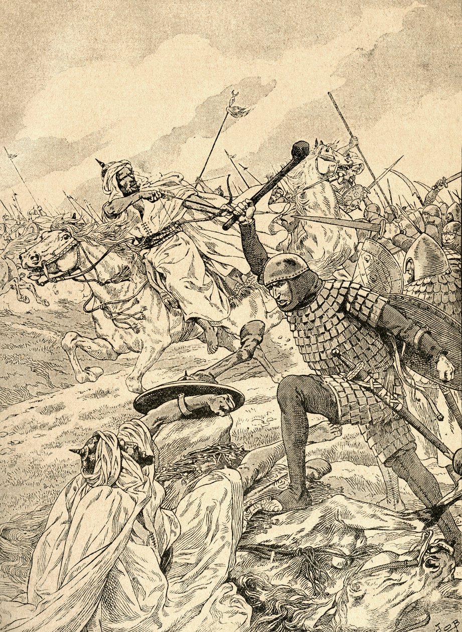 The Battle of Tours المعروف أيضًا باسم The Battle of Poitiers ، 732. من أجندة Buvard du Bon Marche نُشرت عام 1917. بواسطة المدرسة الفرنسية