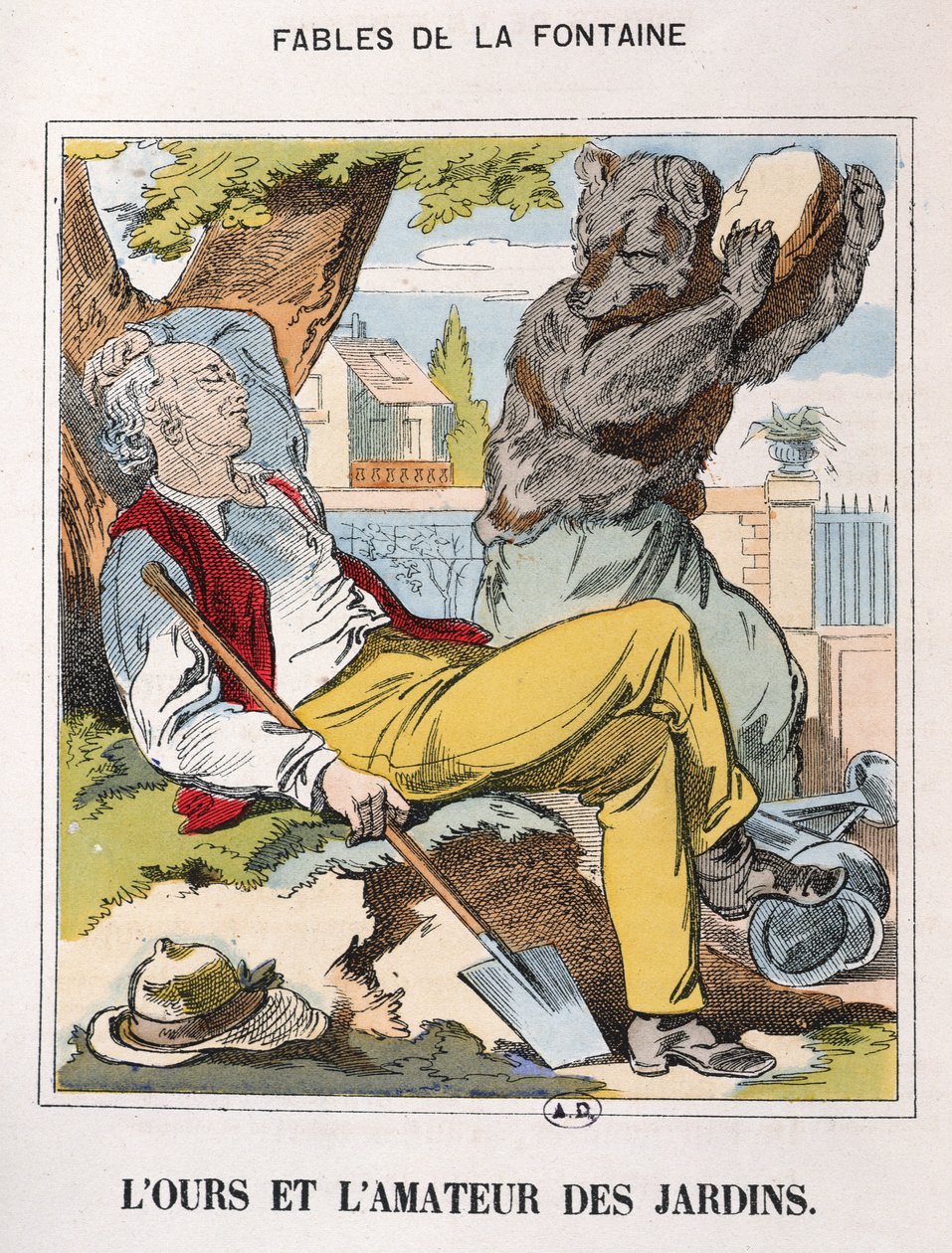 الدب والبستاني ، من "Fables de La Fontaine" (نقش ملون) بواسطة المدرسة الفرنسية