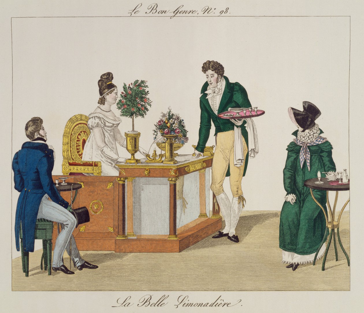 بائع الليموناد الجميل ، اللوحة 98 من le Bon Genre ، c.1810 (نقش الألوان) بواسطة المدرسة الفرنسية