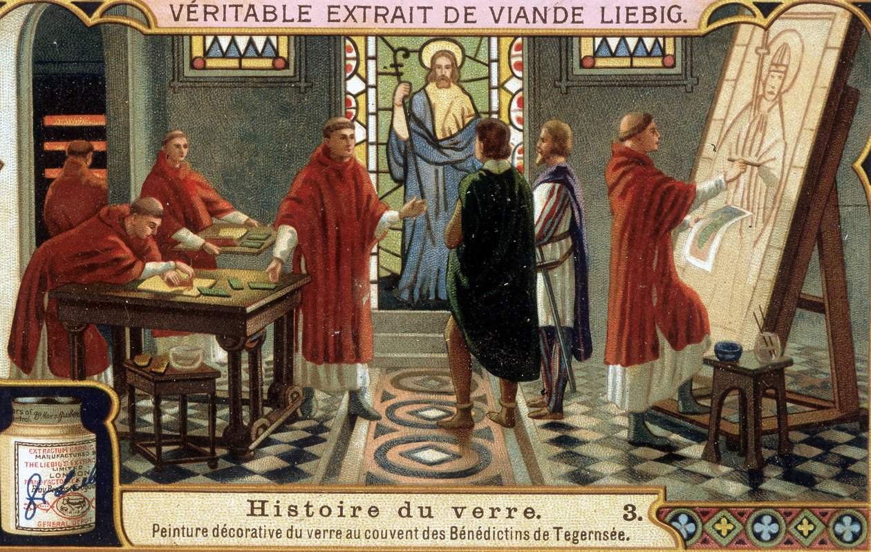 قام الرهبان البينديكتين في دير تيغرنسي في بافير (ألمانيا) بتزيين الزجاج. ليبيج chromolithography من القرن التاسع عشر. بواسطة المدرسة الفرنسية