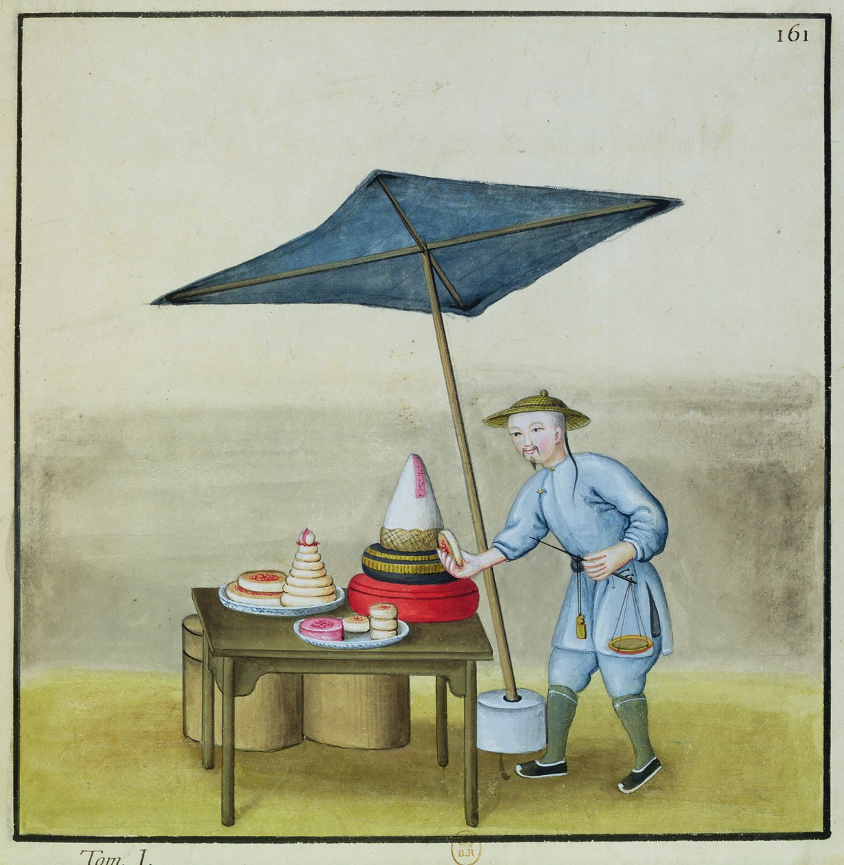 بائع الكيك ، من كتاب في مكالمات الشارع في بكين ، c.1785 (مرحاض وغواش على ورق) بواسطة المدرسة الفرنسية