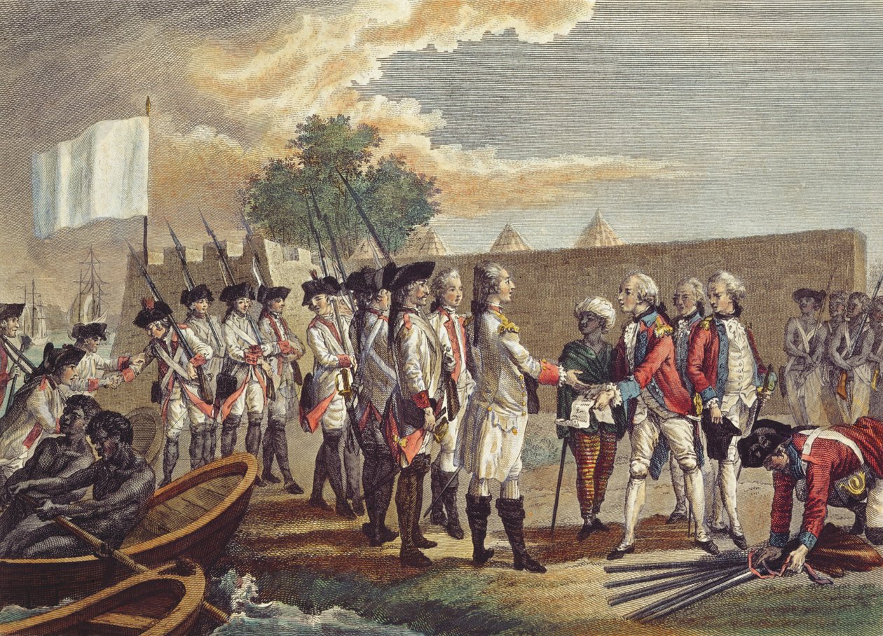 الاستيلاء على السنغال ، نقشها نيكولاس بونس (1746-1831) 1799 (نقش الألوان) بواسطة المدرسة الفرنسية