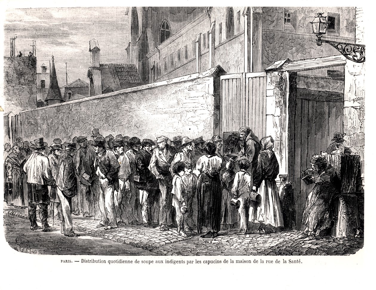 كابوشينس دي لا سانتي يوزع الحساء اليومي على الفقراء ، من لو موند إيلوستري ، 1860 بواسطة المدرسة الفرنسية