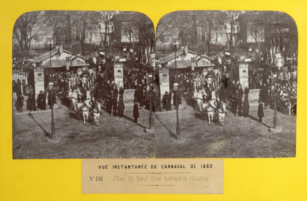 كرنفال عام 1863 في باريس ، تطفو ثور الدهون مغادرة المسلخ ، منظر مجسم ، 1863 بواسطة المدرسة الفرنسية