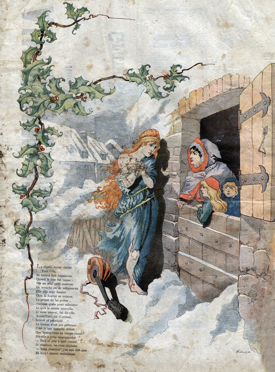 سيجال والنملة. أساطير جان دي لافونتين (1621-95). رسم توضيحي لـ Michelet SC. أواخر القرن التاسع عشر. بواسطة المدرسة الفرنسية