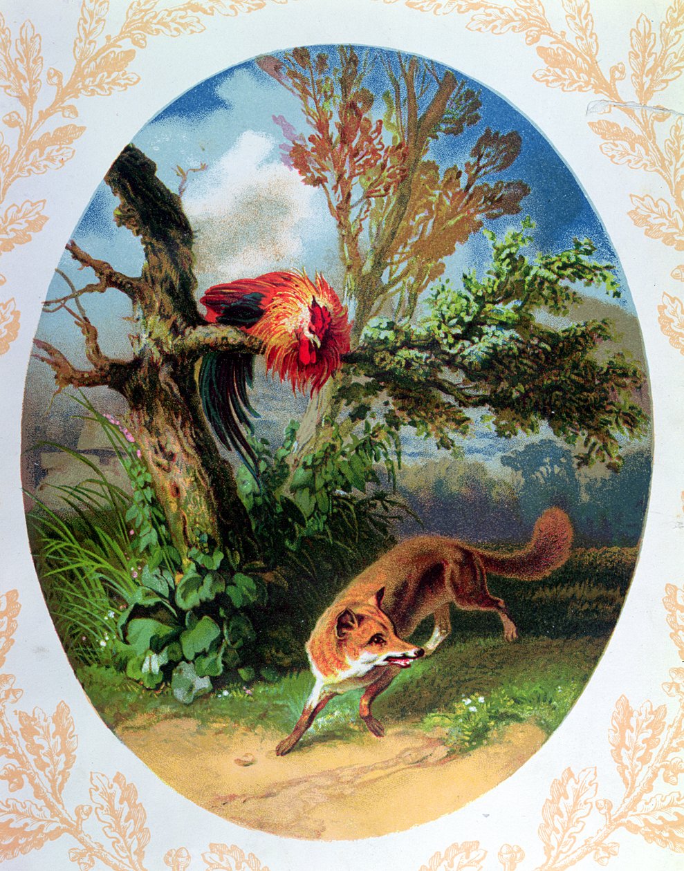 The Cockerel and the Fox ، الرسم التوضيحي بعد الحكاية بقلم جان دي لا فونتين (1621-1695) c.1860-80 بواسطة المدرسة الفرنسية