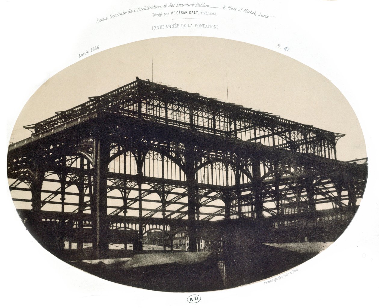 بناء السوق المركزي في Halles ، من Revue generale de larch architecture et des travaux publics ، 1856 (photo litho) بواسطة المدرسة الفرنسية